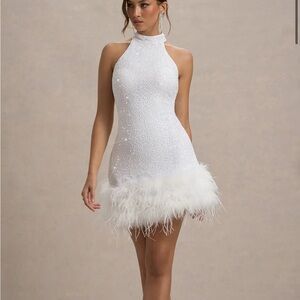 Club L London White Sequin Halter Mini Dress with Feather Hem
